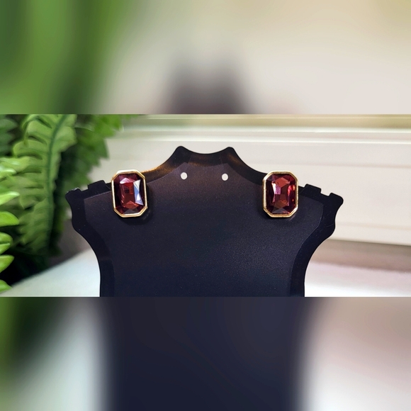 Emerald Cut Purple Gem Stud Earrings in a Gold Setting / Pierced - Picture 1 of 8